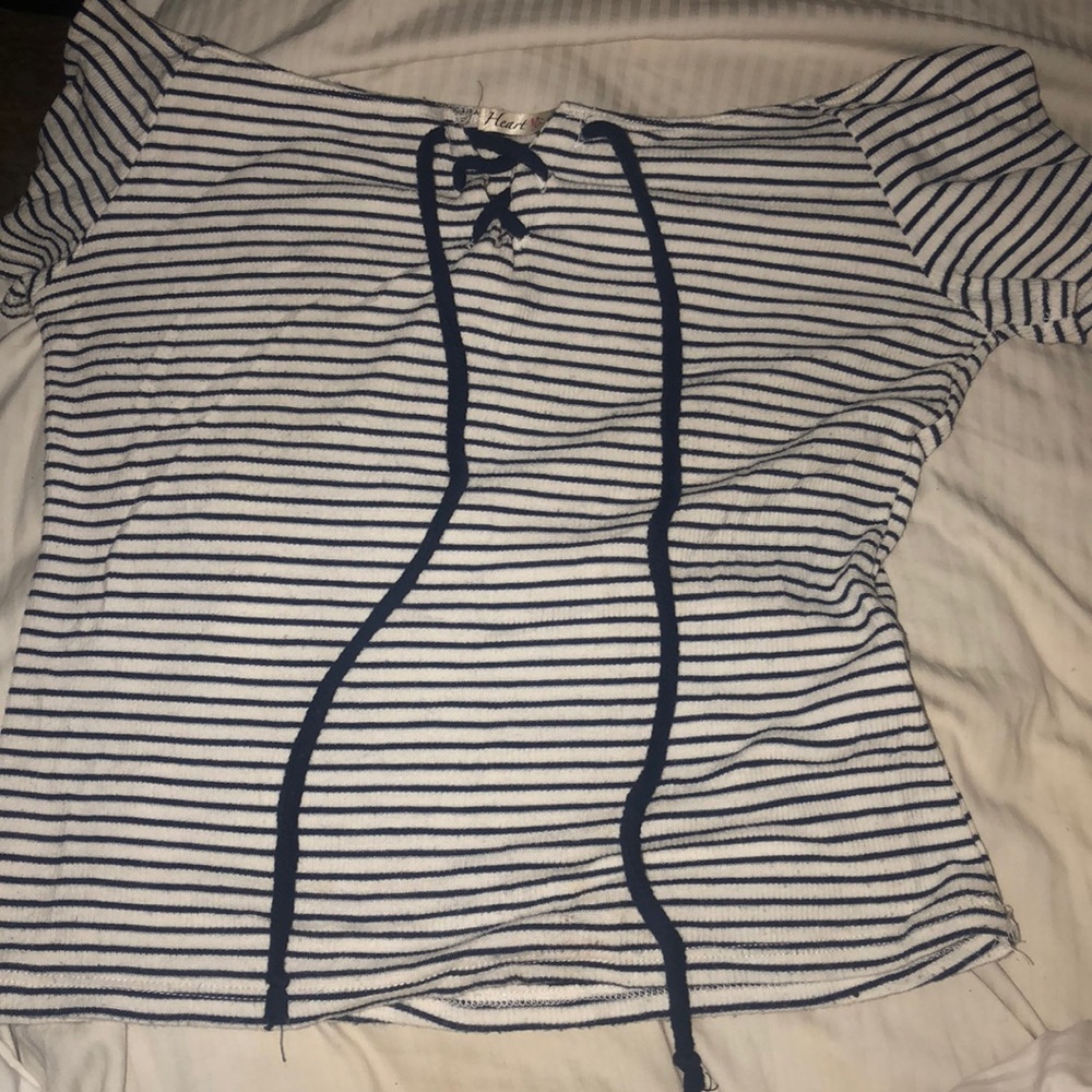 dark blue and white off shoulder stripped shirt